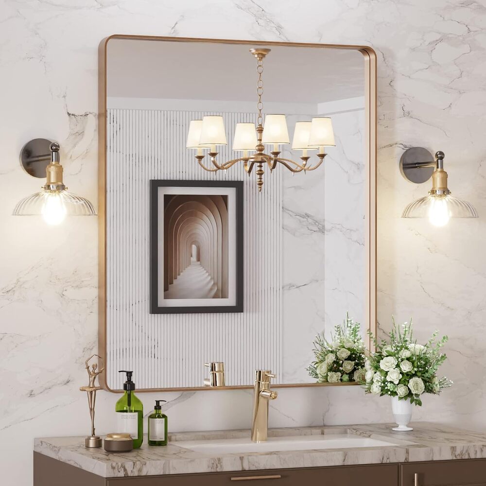 LOAAO 30x36 Gold Bathroom Mirror Rounded Rectangle Vanity Wall Mirror